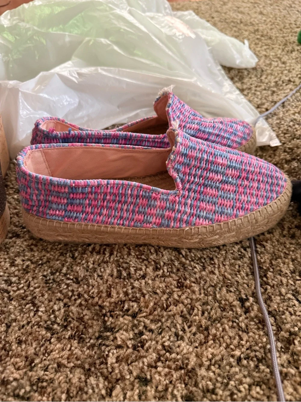 Manebi Pink Woven Espadrille Shoes with Blue Accents